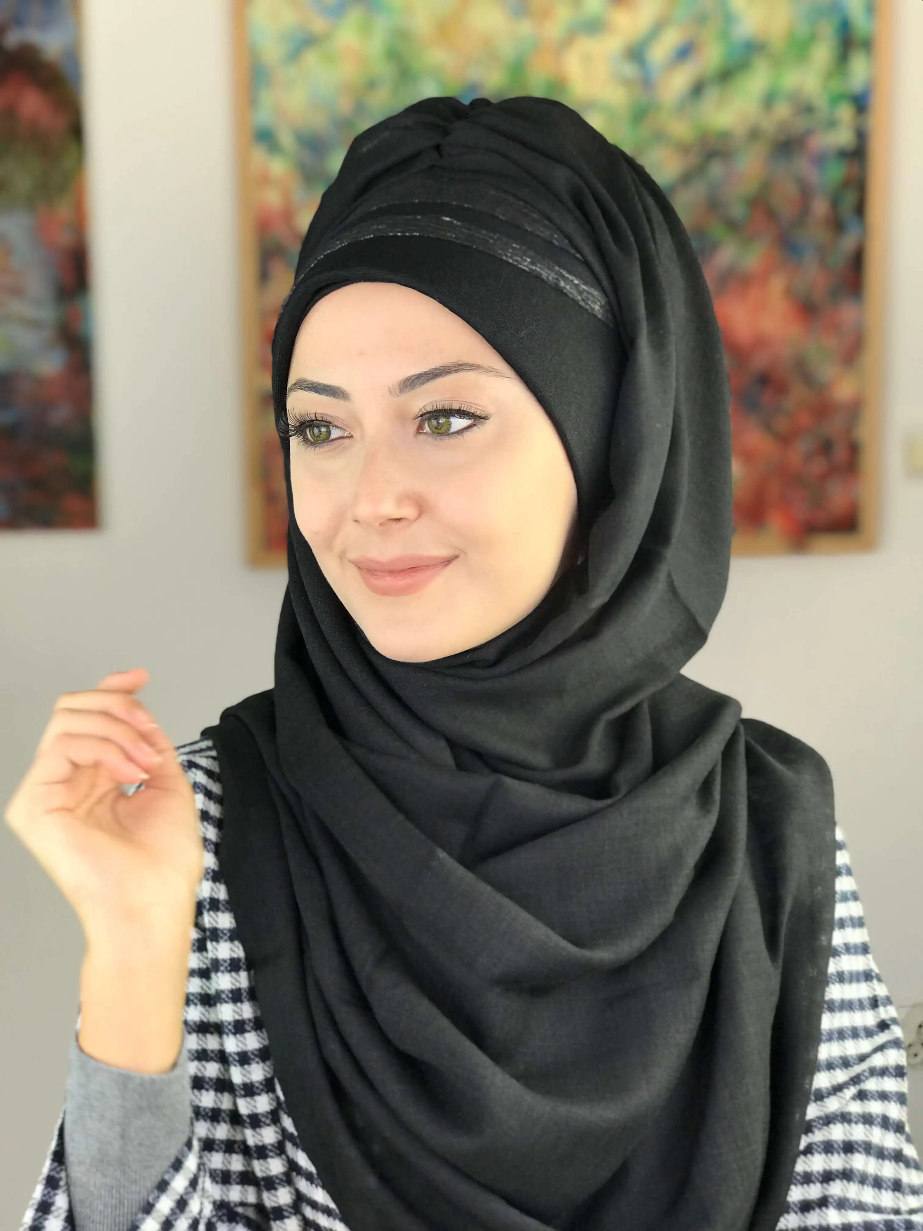 Hijab musulmán para mujer, turbante islámico, bufanda para envolver la cabeza, gorro, chal brillante Negro, 2021