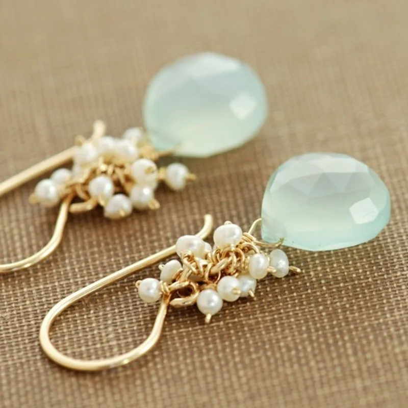 Korean Fashion  Chalcedony Seed Pearl Dangle Earrings with Pearl Clusters