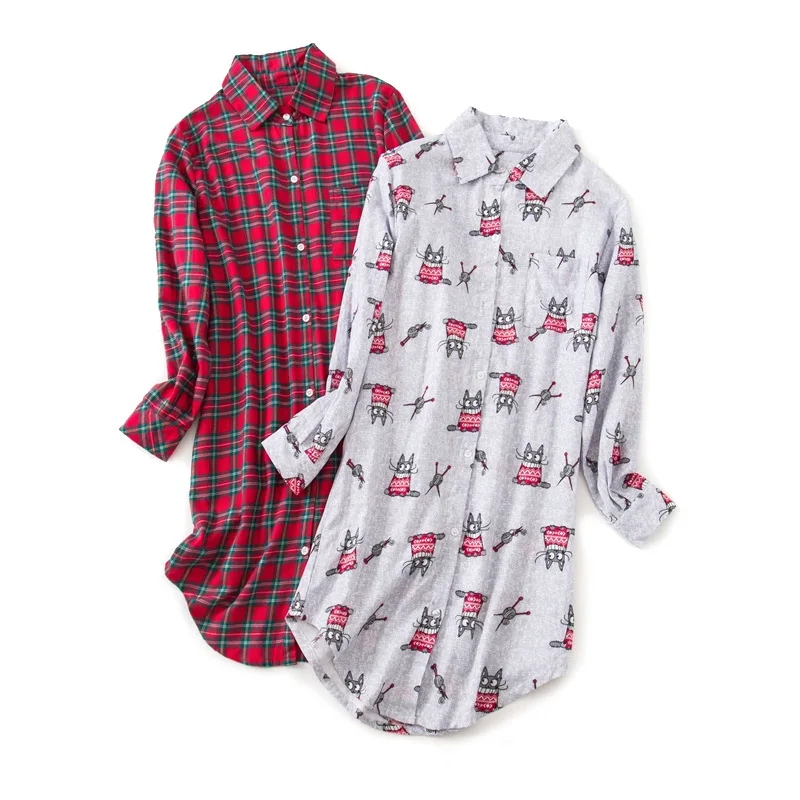 

Women's Double-Layer Yarn Nightdress Turn-down Collar Cotton Printing Home Sleep Tops Long-Sleeved Yarn-Dyed Womens Sleepwear