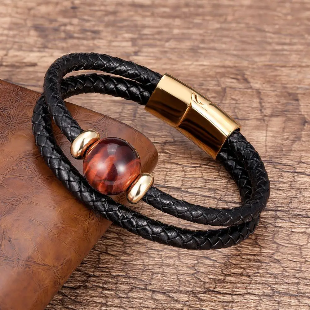 Fashion Genuine Leather Bracelets For Men Charm Stainless Steel Magnetic Bracelet Mens Jewelry Natural Tiger Eye Stone Pulseras