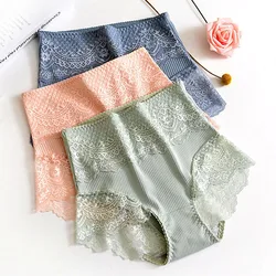 New Women's Cotton Underwear High Waist Antibacterial Panties Sexy Lace Seamless Tummy Briefs Ladies Triangle Shorts Large Size