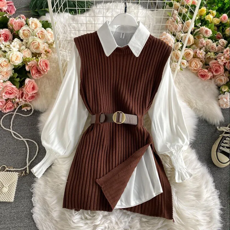 

2021 Korean Spring Autumn Women Knitted Pullovers Vest + White Blouse Casual Belt Suit Two Piece Set Conjuntos Mujer