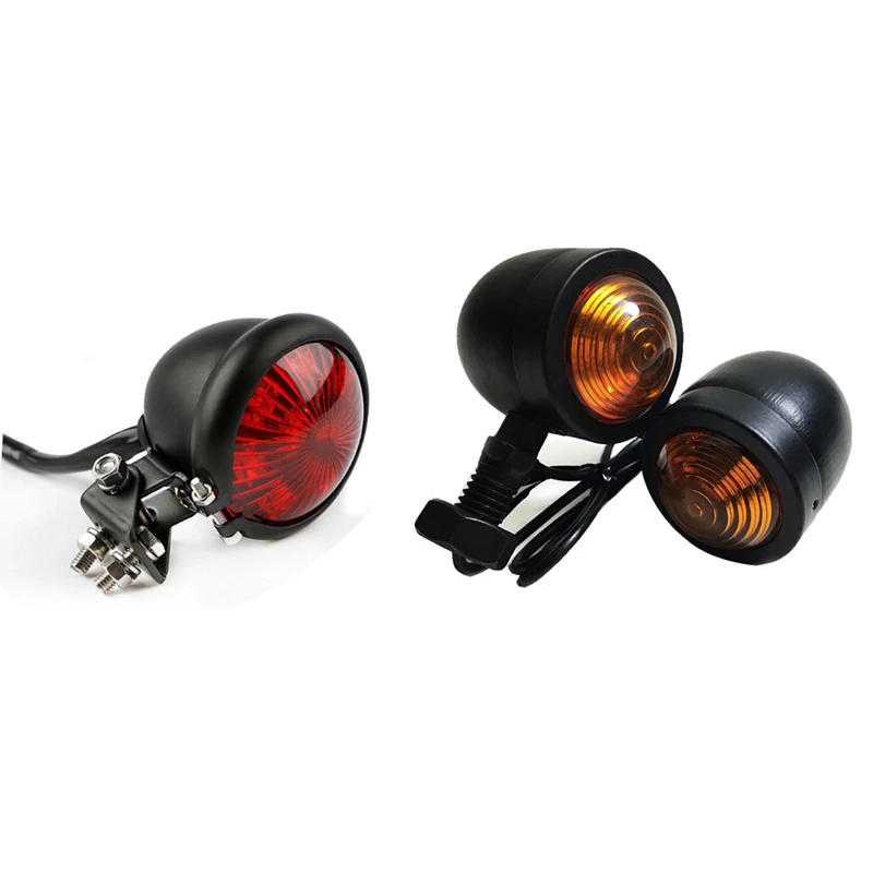 4Pcs Black Motorcycle Turn Signal Indicator Lamp For Honda Fatboy Chopper Bobber Suzuki & 1Pcs Red 12V Led Black Adjustable Cafe