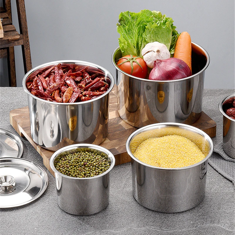 Stainless Steel Seasoning Jars for Spices Lard Tank with Lid Stew Pots Kitchen Sugar Bowl Grains Storage Box Container Organizer