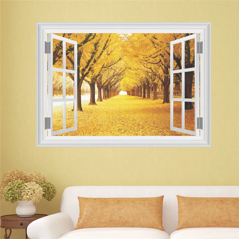 Yellow Tree Street Road 3d Window Wall Sticker Living Room Bedroom Decor Scenery Mural Art Diy Home Decals Landscape Posters