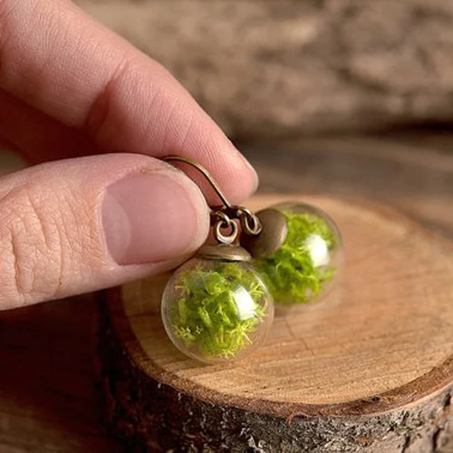 2Pairs 16MM Glass Ball Real Moss Earring Green Jewelry Natural Moss Dangle Earrings For Women