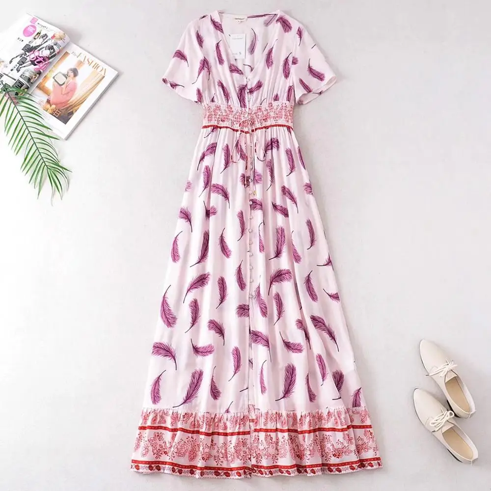 2020 BOHO Lage Feder Print Kurzarm Kleid Schlitz Urlaub Frauen Elastische Taille einreiher Tasten Maxi Lange Kleider