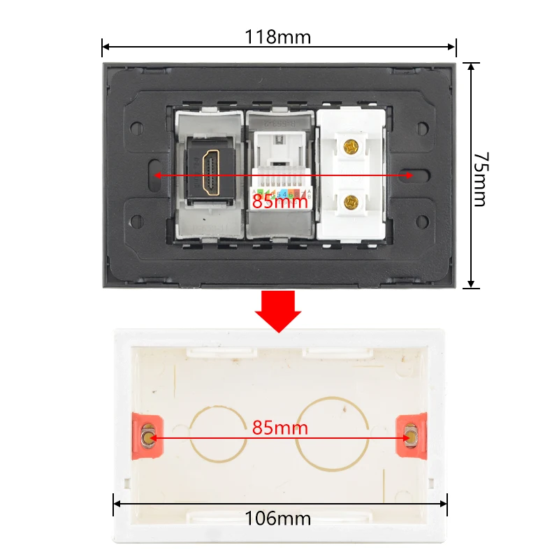 EU Plug 2 Pin Power Socket  Light Switch TV Computer RJ45 HDMI USB Wall Socket With Black Metal 118 Type Electric Outlet