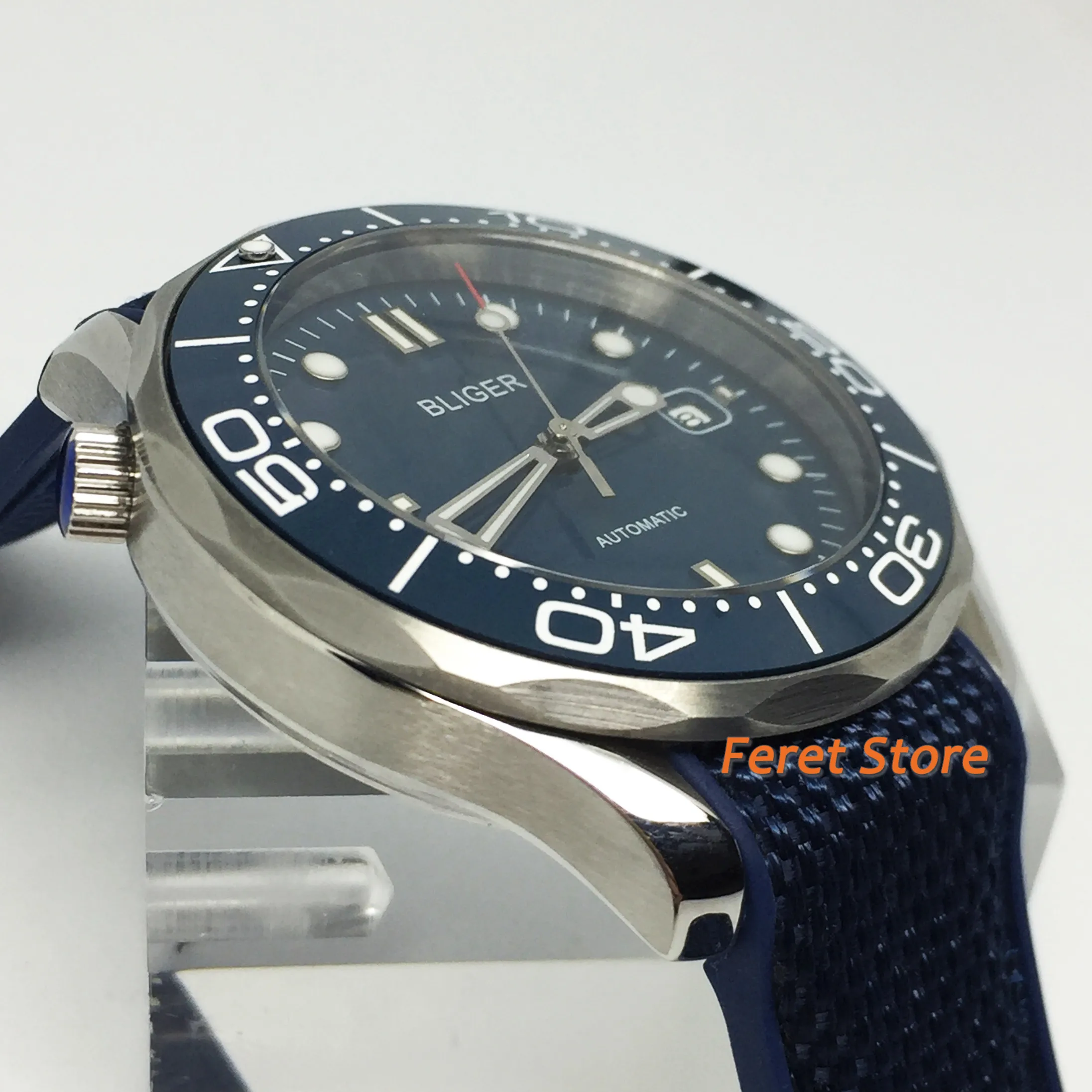 Bliger 40mm Automatic Mechanical Watch blue ceramics bezel  Stainless case Sapphire Luminous Waterproof Calendar Men Wristwatch