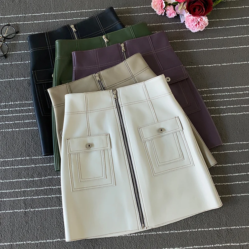 

2020 Autumn Women High Quality sheepskin Real leather A-line skirt Chic women High-rise pockets leather skirts C167