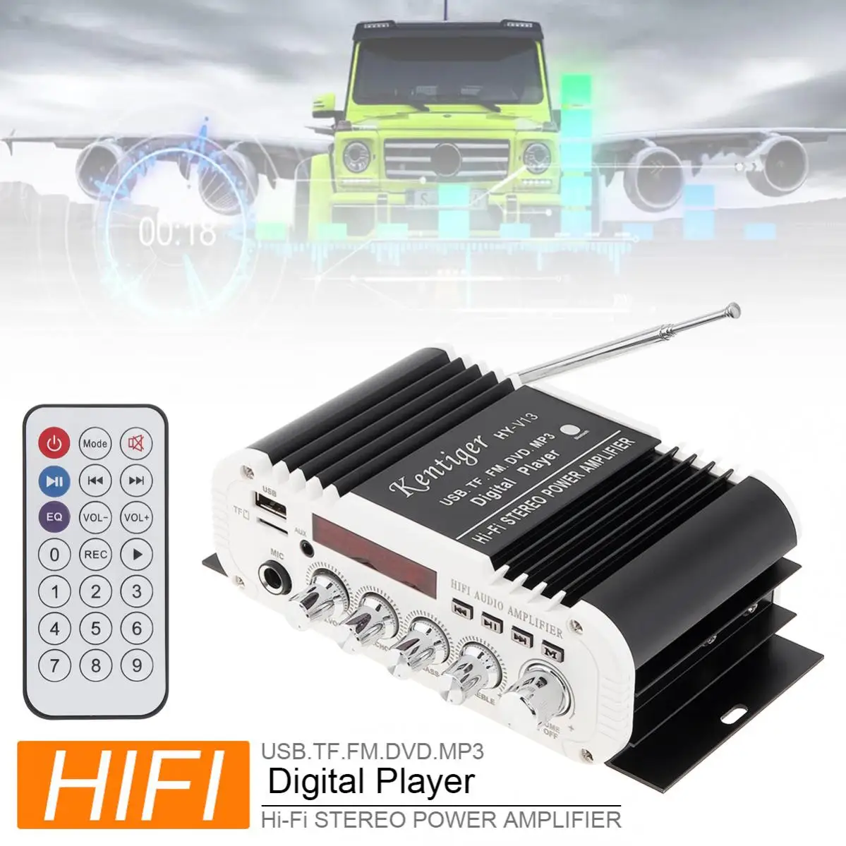 V13 Bluetooth-compatible 2.1CH HI- FI Car High Power Audio Subwoofer Amplifier FM Radio Player Support SD/ USB / DVD / MP3