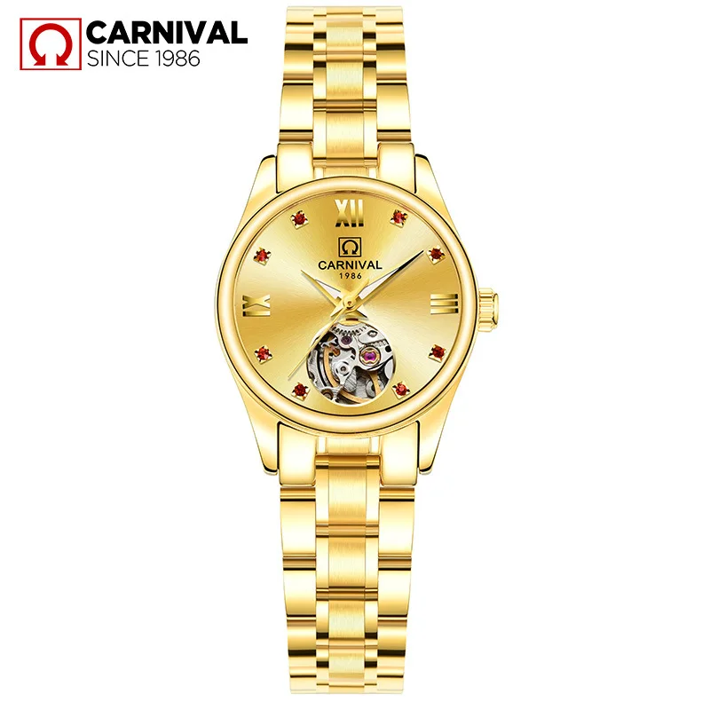 Carnaval Merk Luxe Mechanische Horloge Voor Dames Dames Mode Goud Zilver Automatisch Uurwerk Polshorloge Waterdicht Reloj Mujer