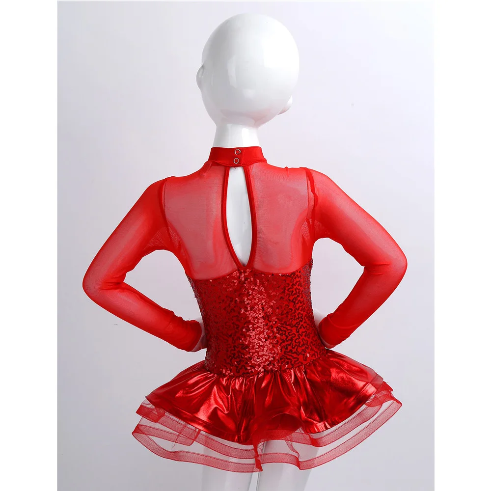 TiaoBug Kids Sequins Long Sleeves Gymnastics Leotards for Girls Ballet Tutu Dress Figure Skating Stage Performance Dance Costume