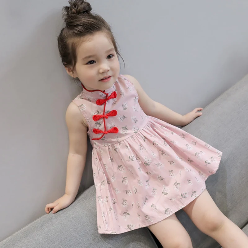 2021 Kids Girls Dresses Cute Flower Print Dress Chinese Style Vintage Cheongsam Dresses Baby Girls Clothes