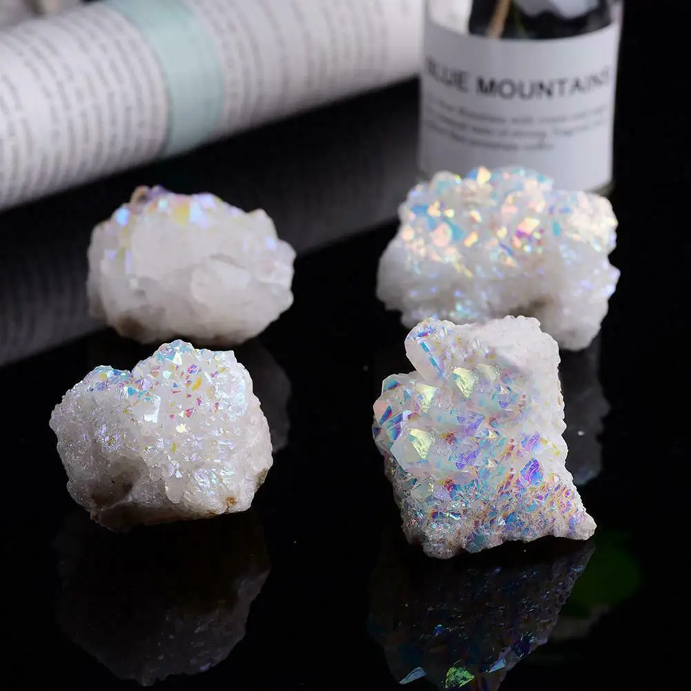 Natural White Angel Aura Quartz Electroplating White Crystal Cluster Colorful Point Geode Mineral Enegry Healing Crystals Decor