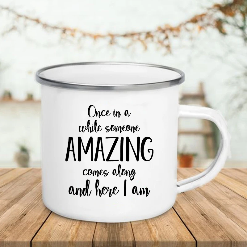 Once A While Someone Amazing Funny Letter Print Mug Creative Enamel Coffee Tea Cups Drinks Milk Cup Mugs Handle Drinkware Gifts