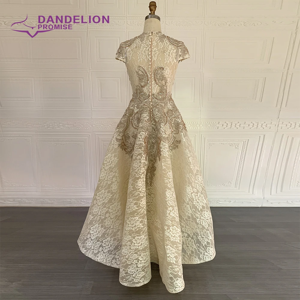 Luxury High Neck Asymmetrical Evening Dresses 2020 Cap Sleeves Lace Beading Muslim Prom Gowns For Women