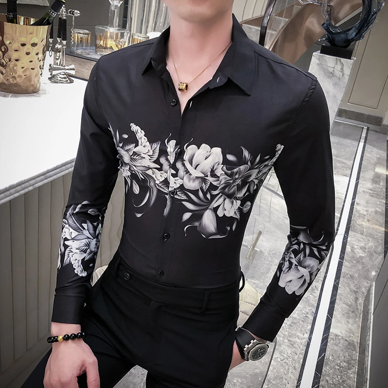 

Floral Masculina Streetwear Chemise Homme Manche Longue Men Hawaiian Shirt Leisure Men Shirt Long Sleeve Party Club Shirt Camisa