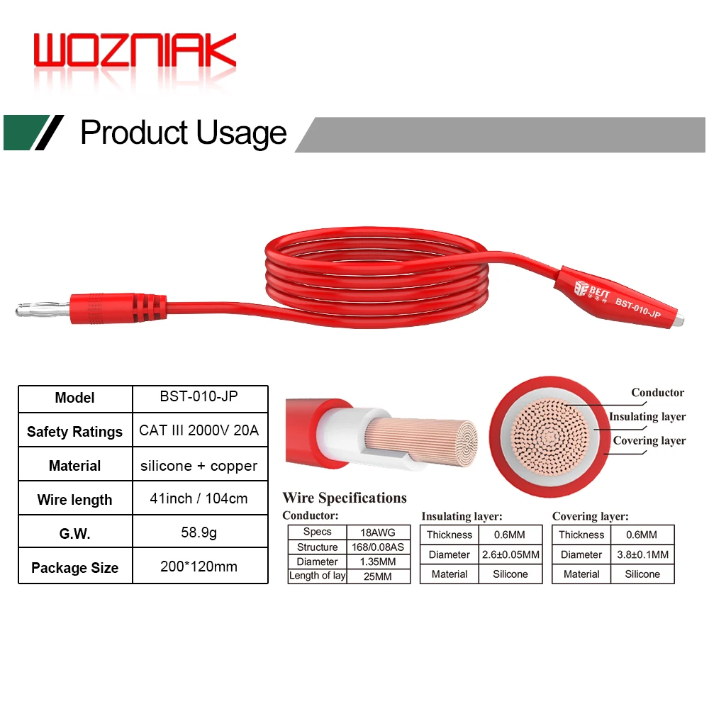 BST-050-JP Vervangbare Supergeleidende Sonde – 45 Mm – CAT III 2000V 20A – Nauwkeurige Meetsnoeren – 76 Cm Kabel