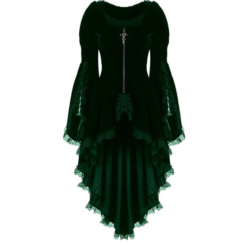 Asymmetrical Winter Women Gothic Dress Solid Short Front Long Back Sundress Red Green Black Vintage Lace High Low Women Dresses