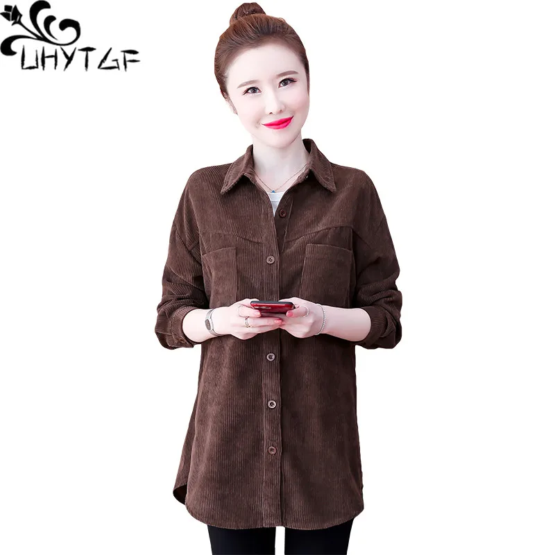 

UHYTGF Corduroy Shirt Women's Mid-Length Casual Autumn Tops Jacket Long-Sleeved Single-Breasted 5XL Loose Size Coat Blouses 1503