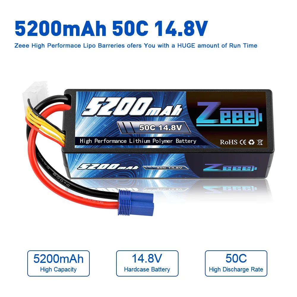 Zeee-Batterie Lipo avec prise EC5, boîtier rigide pour voiture RC, Bumosquito, Truggy, Inoler, Monster Boat, FPV Drone Model Parts, 4S, 14.8V, 5200mAh, 50C