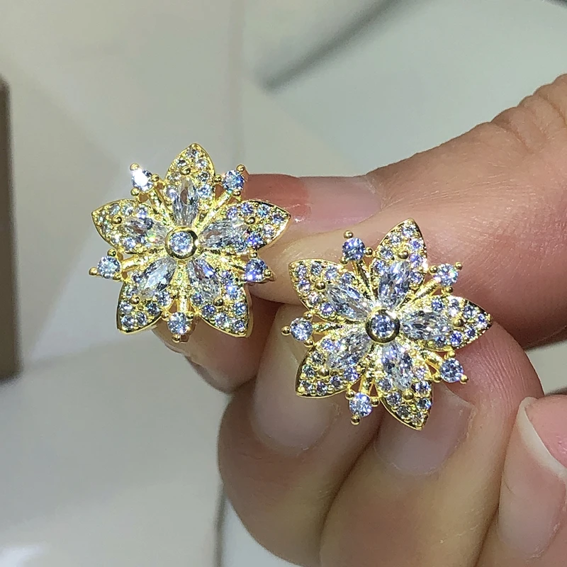 925 Silver Luxury Round and Flower cut Cubic Zirconia Stone Cluster Flower Stud Earring For Women Birthday Party Jewelry Gift