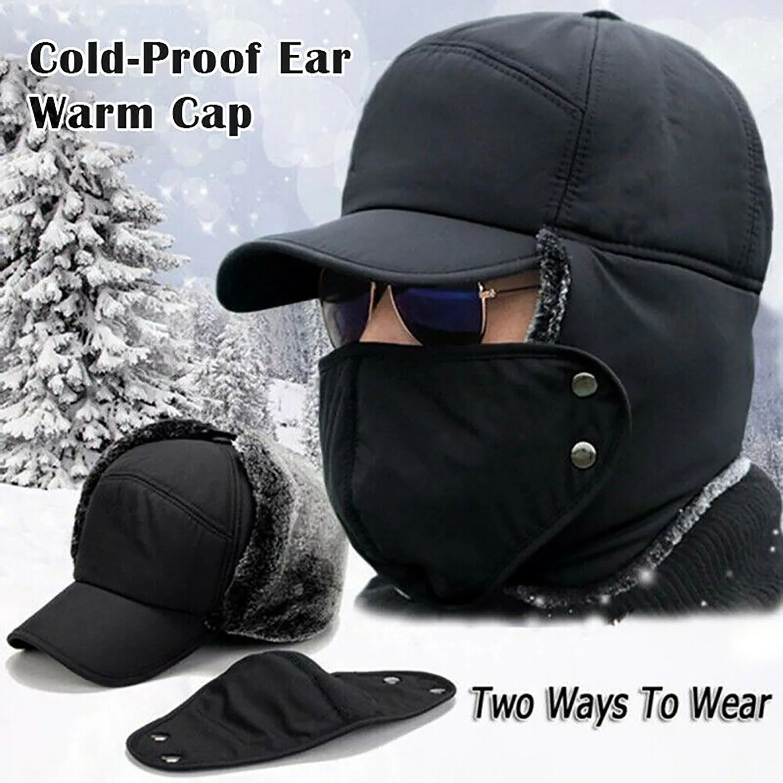 Winter Solid Color Male Windproof Ear Protect Bomber Hats Unisex Thickening Plush Button Cap Warm Windproof Headdress Ski Mask