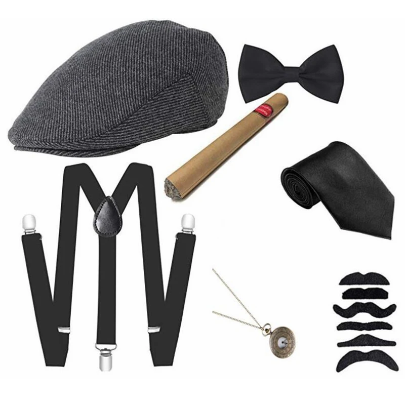 6Pcs/set Men Party Props 1920S Theme Cosplay Stage Performance Gatsby Beret Cigar Watch Suspender Tie Costumes Accessories Set