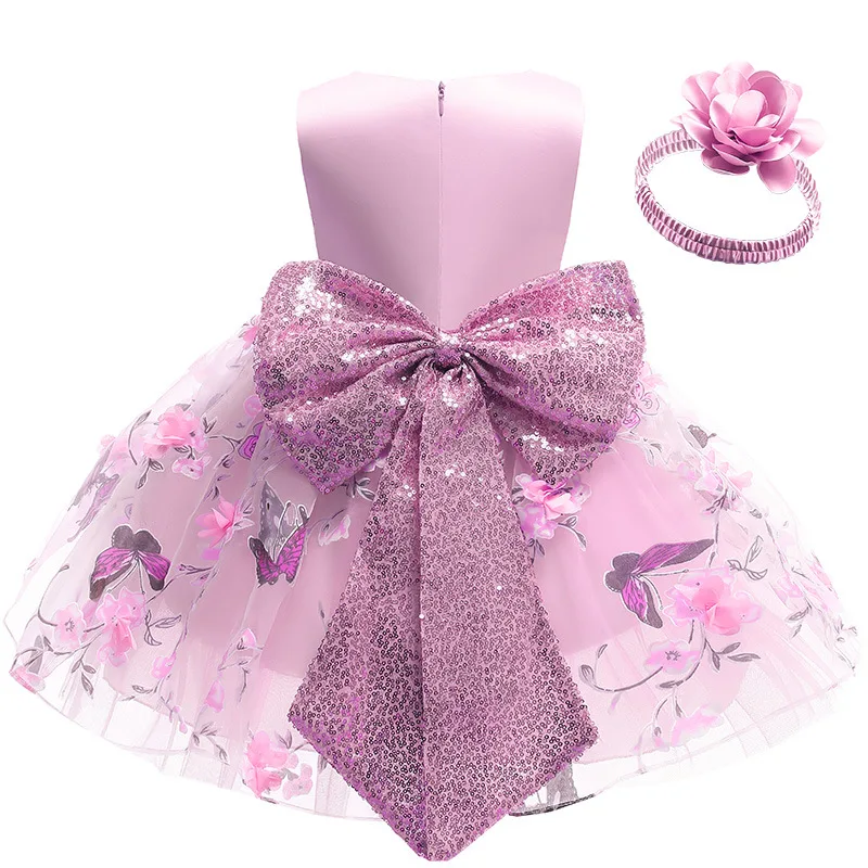 Butterfly Embroidery Newborn Baby Girls Dress High Quality Big Bow Christmas Little Princess Dress + Headband 2Pcs Kids Fashion