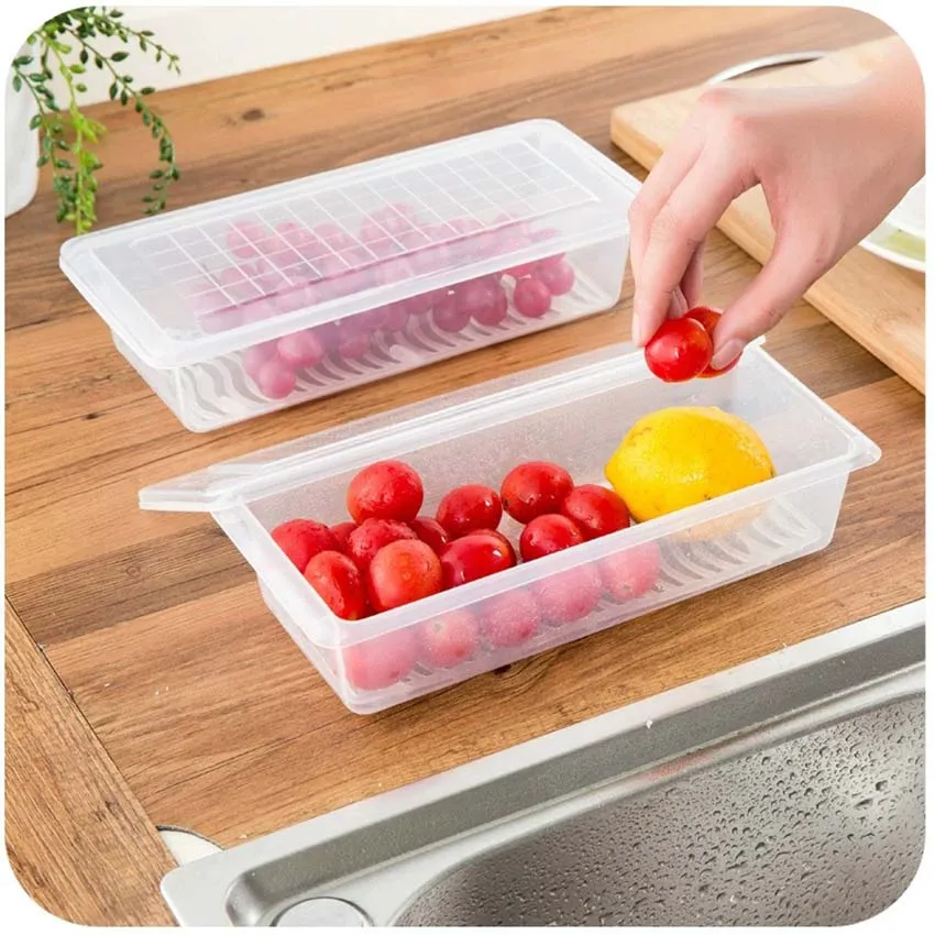 Useful Food Fresh Storage Box Kitchen Fridge Organizer Case Removable Drain Plate Tray For Keeping Fruits Vegetables Meat Fish