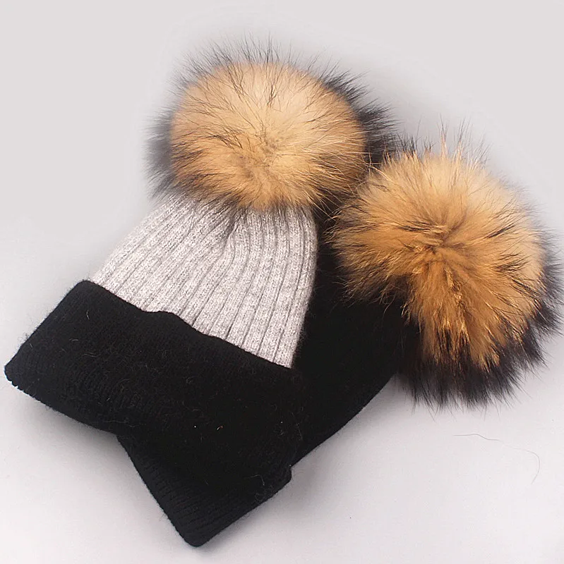 Xthree Winter Knitted Hat Cashmere Beanies With Real Raccoon Fur Pom Poms Skullies Hat for Women Girls Hat Feminino