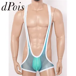 Mens vestito di Un pezzo Vedere Attraverso Sheer Calze A Rete Y-back Del Sacchetto Del Rigonfiamento Della Bretella Latex Body Tute e Tute da Palestra Wrestling Singoletto Tuta