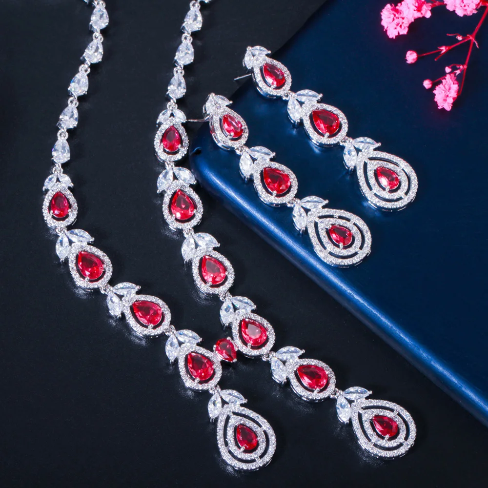 Pera Hot Pink Cubic Zirconia Silver Color Long Leaf Drop Necklace and Earrings for Bridal Luxury Party Wedding Jewelry Sets J416