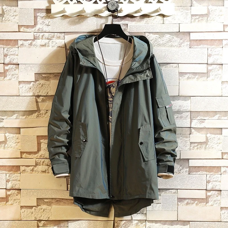 Autumn Spring Mens New 2022 Hooded Trench Coat Male Loose Large Size Korean Style Straight Fashion Solid Casual Outerwear