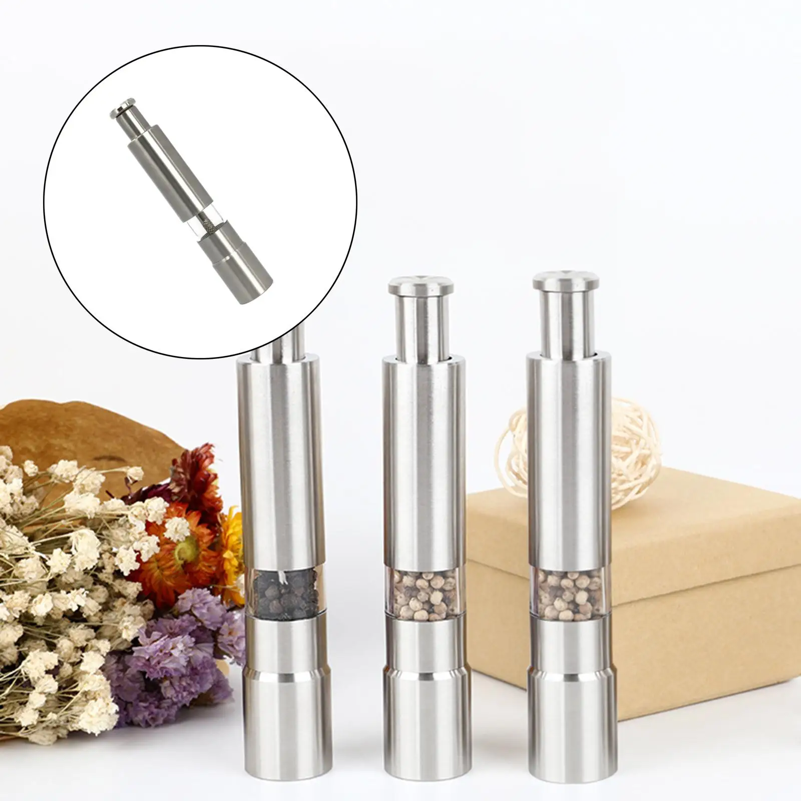 Manual Push Salt or Pepper Grinder Stainless Steel Push Button Durable Silver Sauce Grinder Mill for Kitchen Tool Accessories