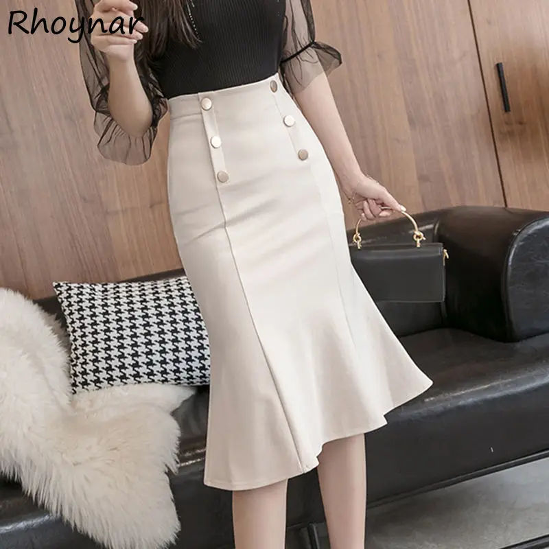 

Skirts Women Mid-calf Design Fashion Ladies Korean Style Trumpet Button Elegant Leisure Solid All Match Street Wear Girls Ins