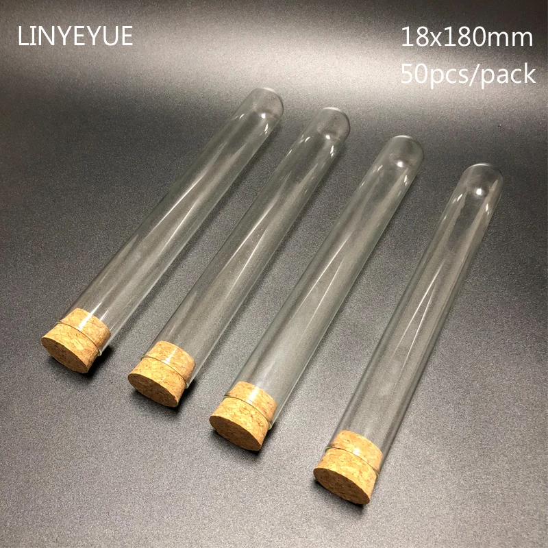 50 pieces/pack 18x180mm Lab Round Bottom Glass Test Tube with Cork Stopper Laboratory Glassware