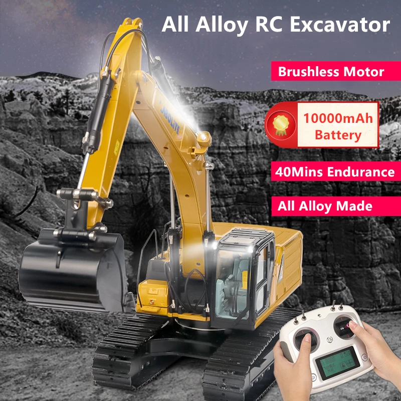 All Alloy Hydraulic Brushless RC Excavator Infinite Rotate Console 10000mAh Battery 40 Mins Endurance Dual Metal Track Truck Toy