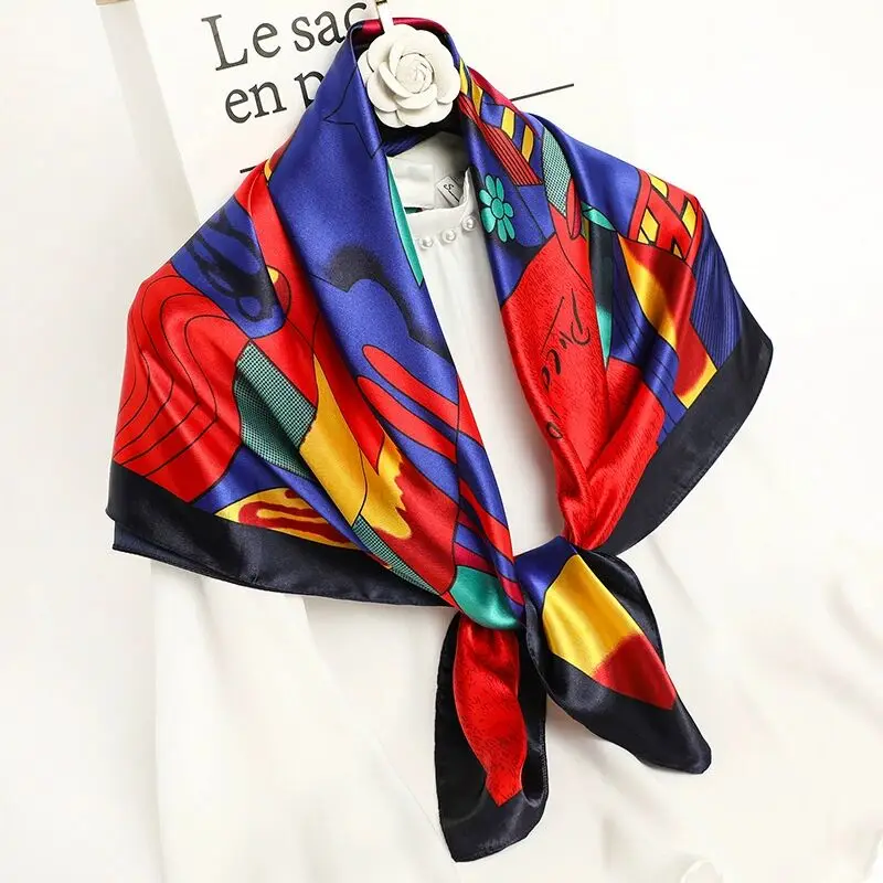 Europe 2022 90cm Spring Classic Picasso Geometric Oil Painting Women\'s Polyester Silk Accessories Large Square Scarf Head Scarf