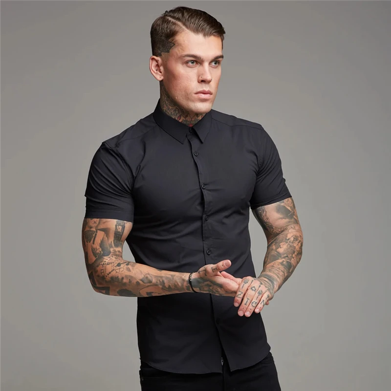 

Men's Casual Social Shirt Formal Business Solid Color Tops Classic Button Short Sleeve Pocketless Dress Shirts Tops