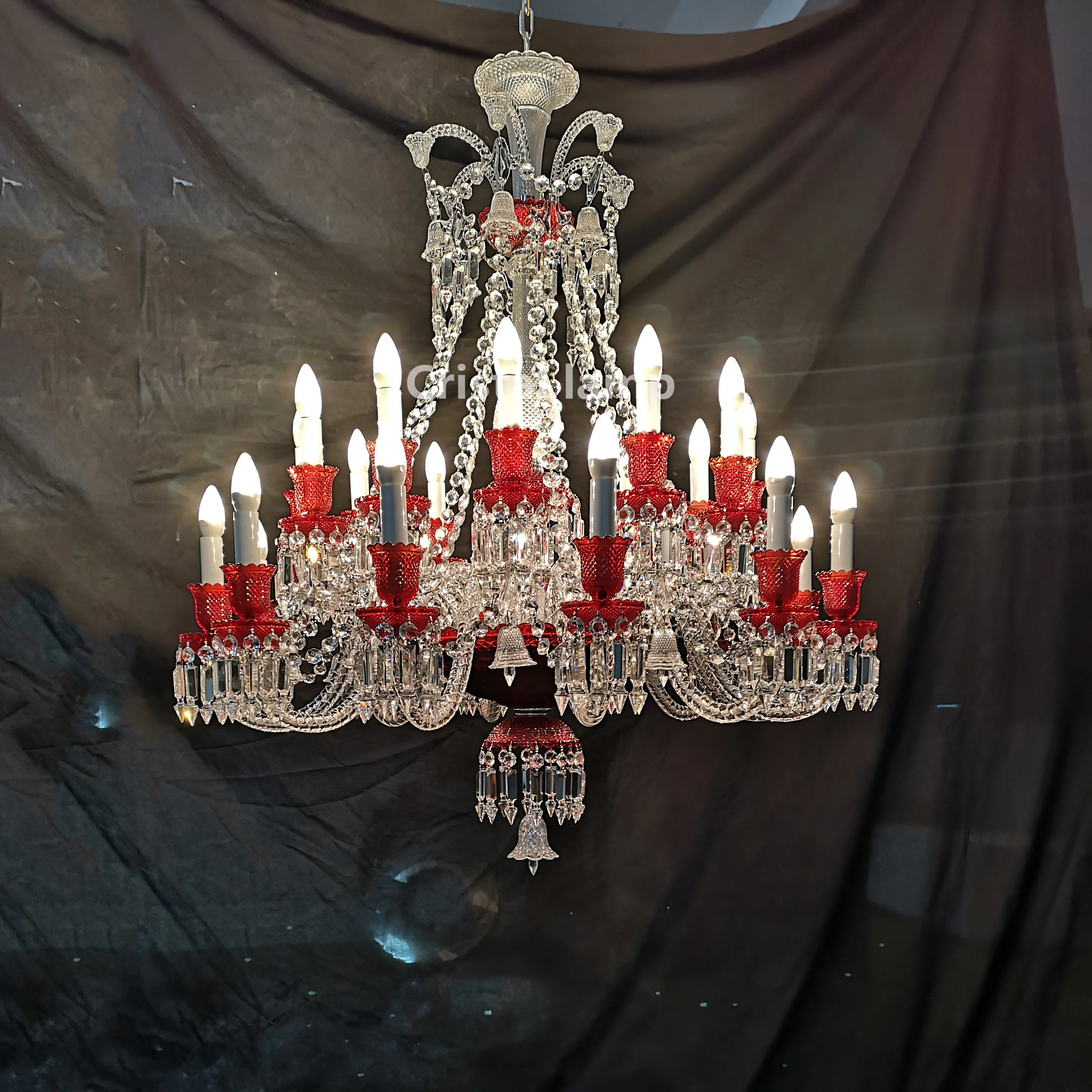 Hotel Lobby Wedding Lamp Red Crystal Chandeliers and Clear Bells 24 Light Long