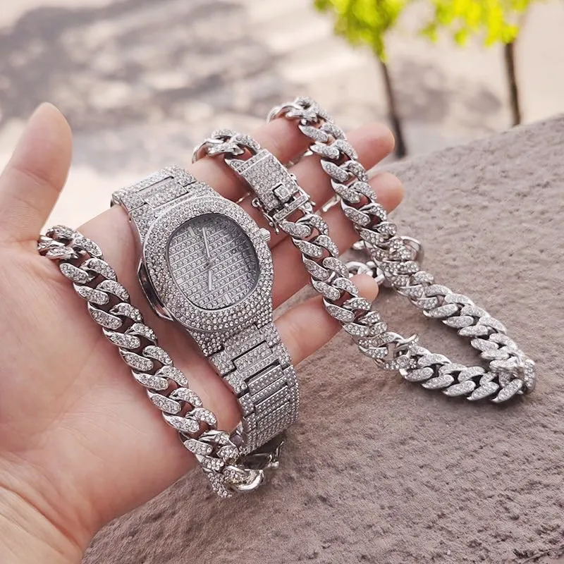 Hip Hop Rapper Iced Out Watch for Men Iced Out Paved Rhinestones 12MM Miami Curb Cuban Chain CZ Bling Necklaces for Mens Jewelry