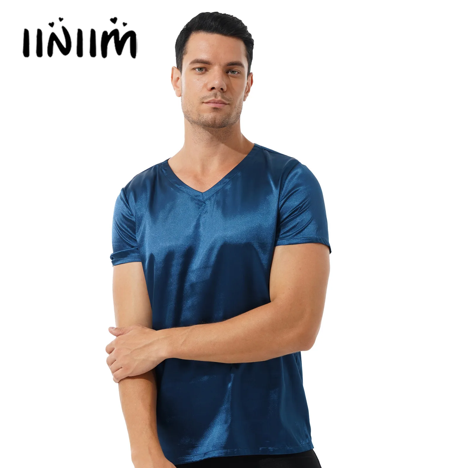Iiniim męskie satynowe T-Shirt męski V Neck z krótkim rękawem luźna koszulka luźna piżama topy jednolity kolor Loungewear bielizna nocna koszulki topy