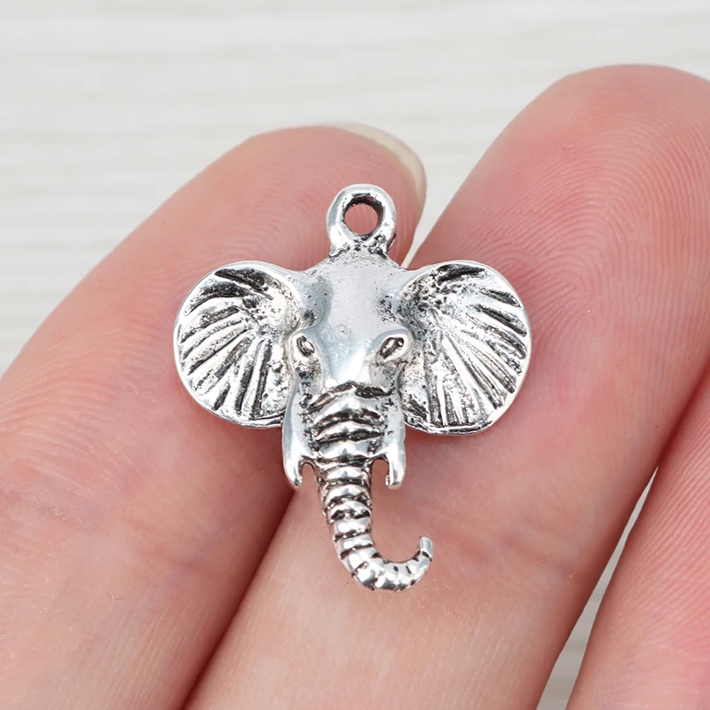 10 x Tibetan Silver Color Animal Elephant Heads Charms Pendants Beads for Necklace Jewelry Making Findings Accessories 23x19mm