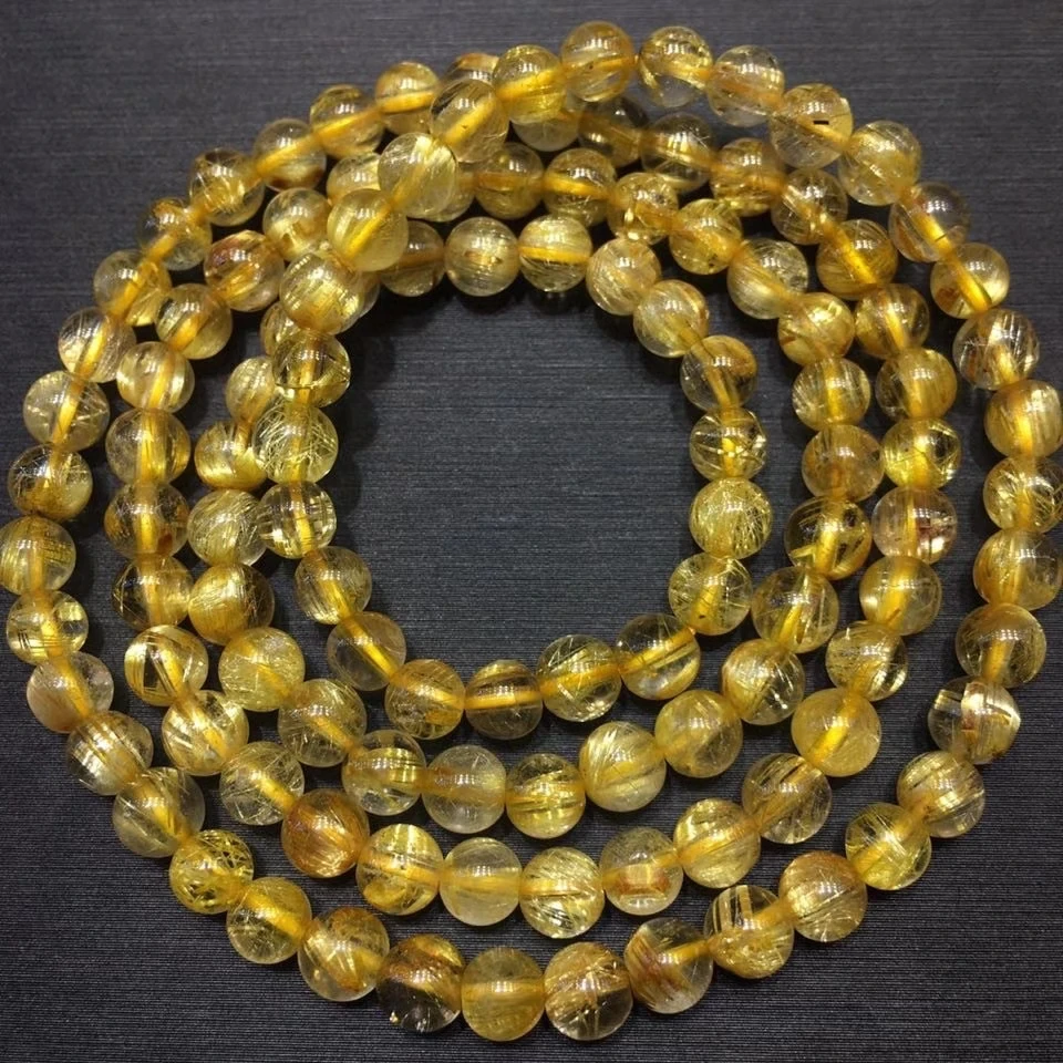 Genuine Natural Gold Rutilated Quartz Titanium 3 Laps Bracelet Clear Round Beads 5mm Jewelry Brazil AAAAAAA