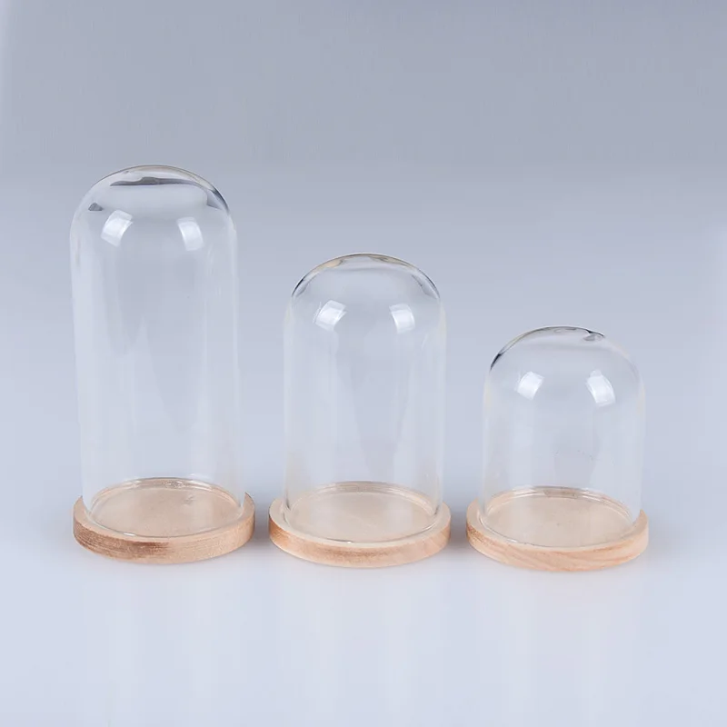 1PC Miniature Dollhouse Bell Jar แก้วโดมพร้อมฐานไม้ขาตั้งจอแสดงผลของเล่น DIY ตกแต่ง