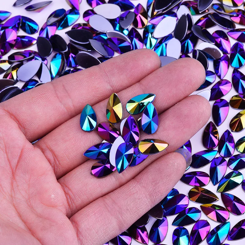 JUNAO 8*13mm 9*18mm Black AB Teardrop Acrylic Rhinestones Glue on Flatback Strass Crystal Diamonds Non Sewing Decorative Stones