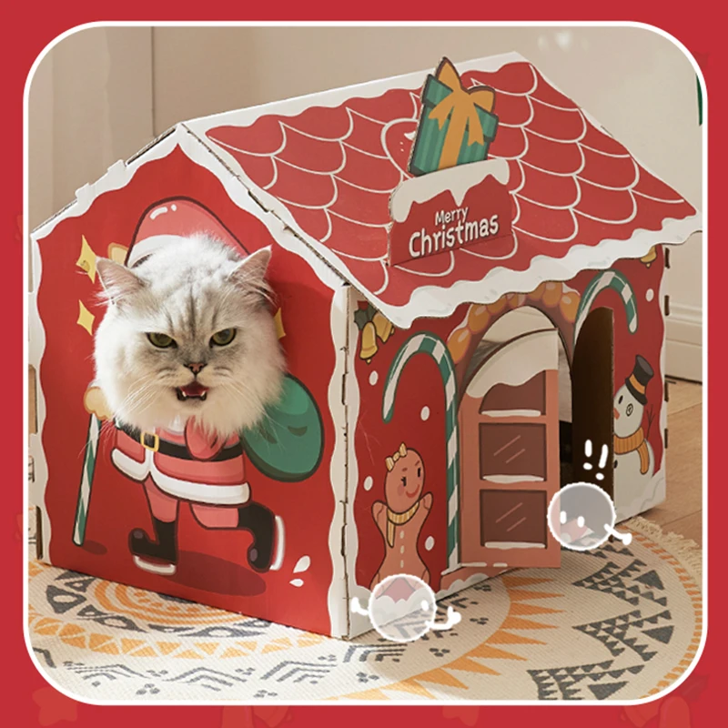 Hoopet Christmas Pet Sleeping House Cardboard Playing for Cats Small Dogs Scratacher Cat Condo Cozy Furniture for Four Seasons