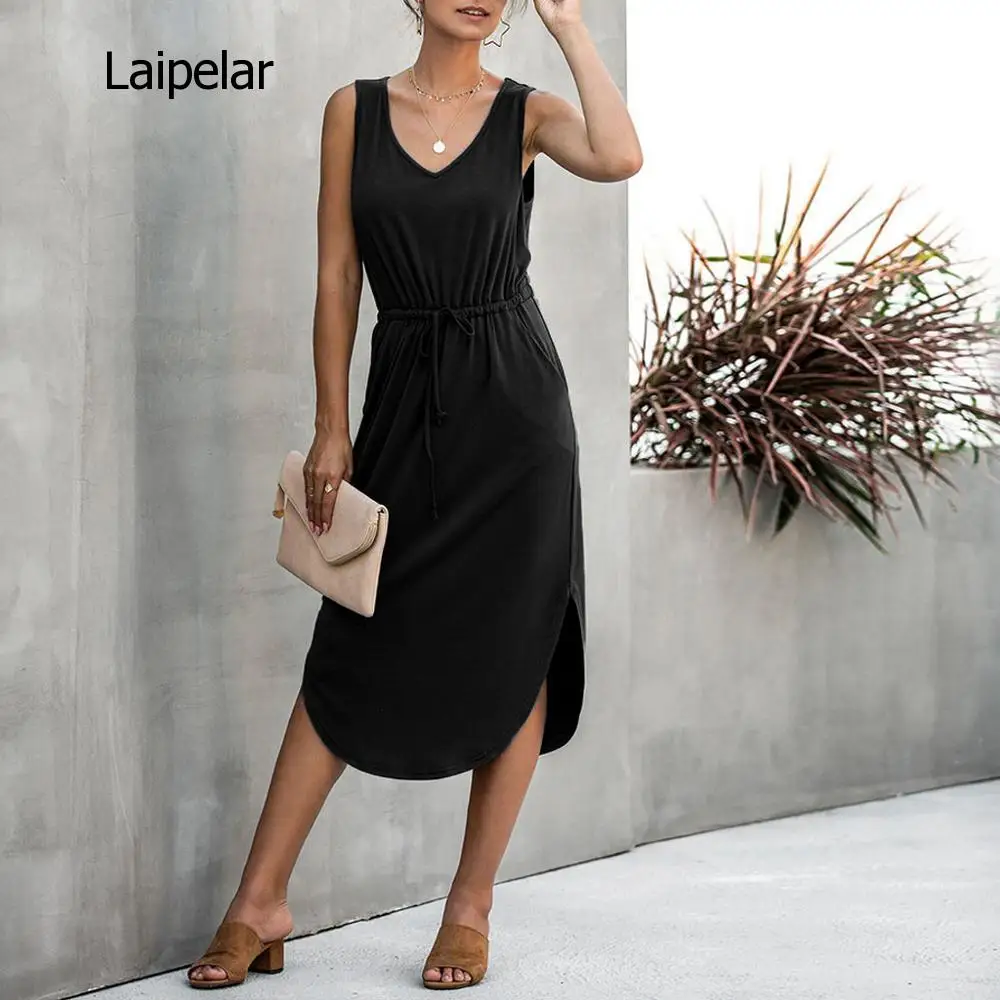 Sexy V Neck Sleeveless Midi Asymetrical Dress Summer Drawstring High Waist Loose Solid Sundress Shirt Long Dress 2020